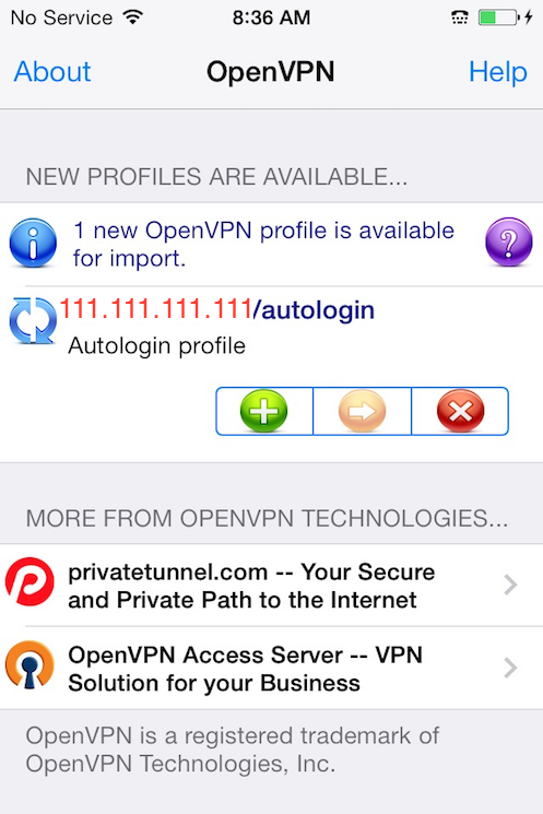 The OpenVPN iOS app showing new profile ready to import