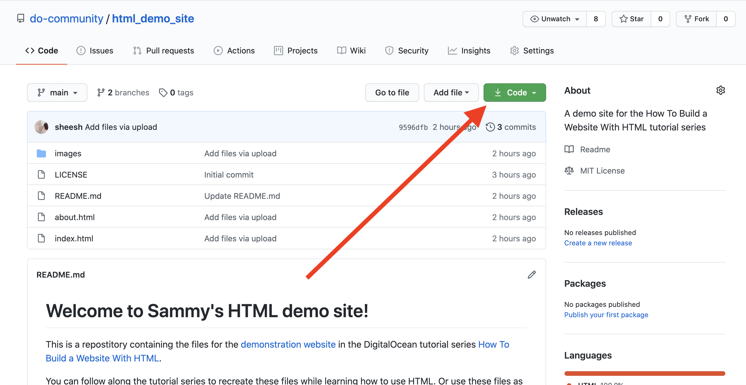 Arrow pointing to “Code” button on GitHub repository page