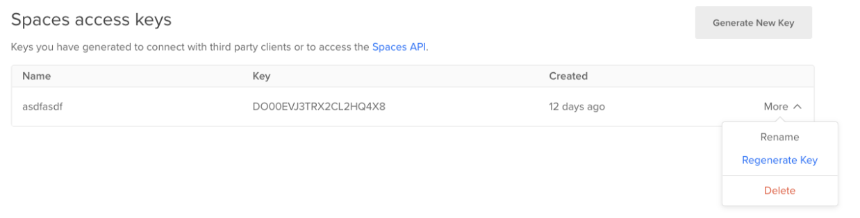 Spaces access keys table in the DigitalOcean control panel showing the context menu for a key. Regenerate Key comes after Rename and before Delete in the menu.